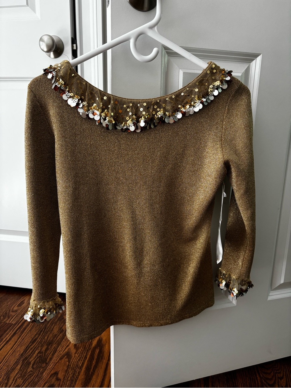 Joseph Metallic Gold Off-the-Shoulder Sequin Trim Sweater